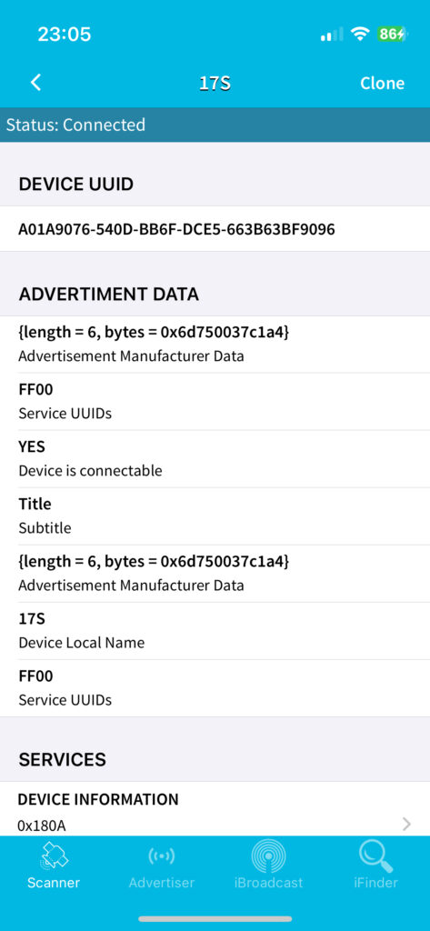 BLE Scanner showing a connected device with its UUID and advertisement data