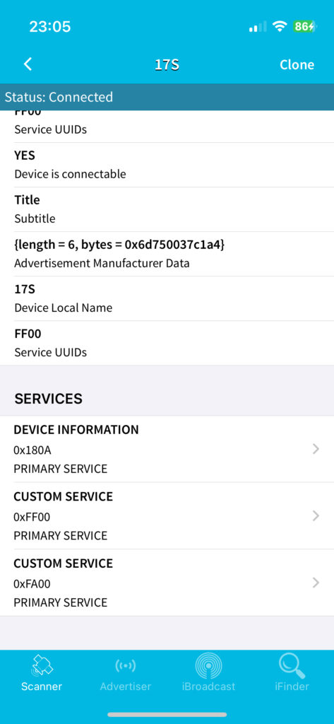 BLE Scanner showing the Device Information and Custom Service (0xFF00) entries