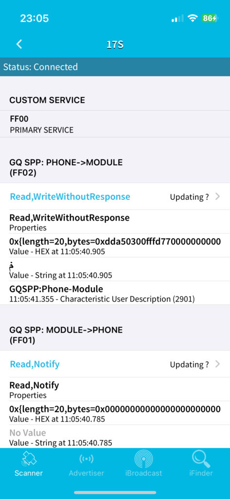 BLE Scanner showing the FF01 and FF02 characteristics with their Read/Notify and Write properties
