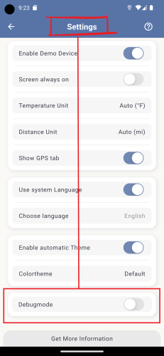 Settings screen showing the double-tap gesture on the title that unlocks the hidden Debugmode section